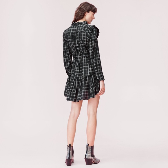Rebecca Taylor La Vie Drapey Plaid Long Sleeve Belted Ruffle Dress - Black Combo - Picture 4 of 16